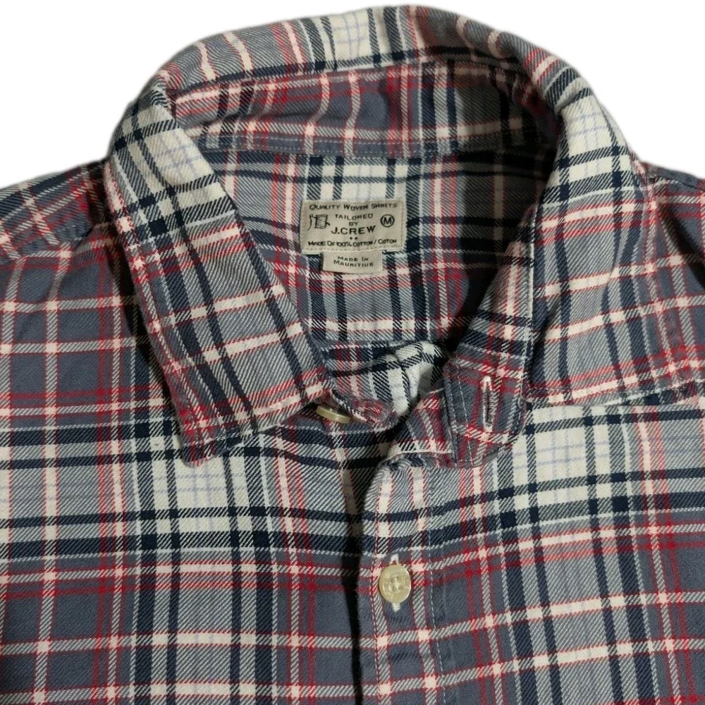 J.Crew Mens Medium Plaid Button Down Shirt Blue Red White Cotton Long Sleeve